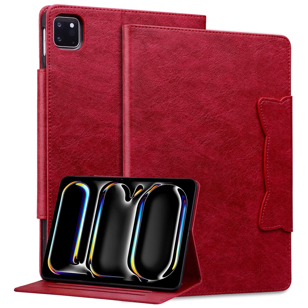 For iPad Pro 13 (2025) / 13 (2024) Case PU Leather Card Slots Tablet Cover Cat-shaped Magnetic Clasp - Red