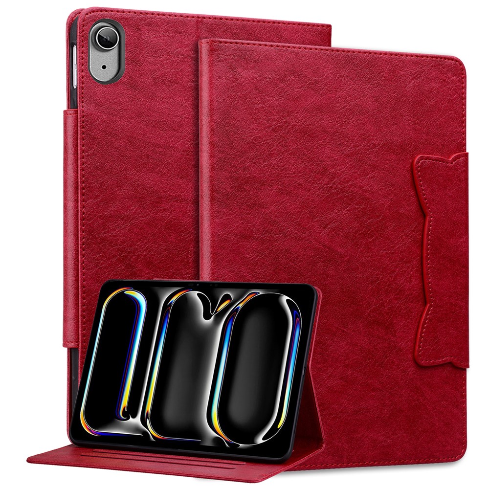 For iPad (2025) / 10.9 (2022) Case Leather Business Folio Tablet Cover Cute Cat-Shaped Magnetic Clasp - Red
