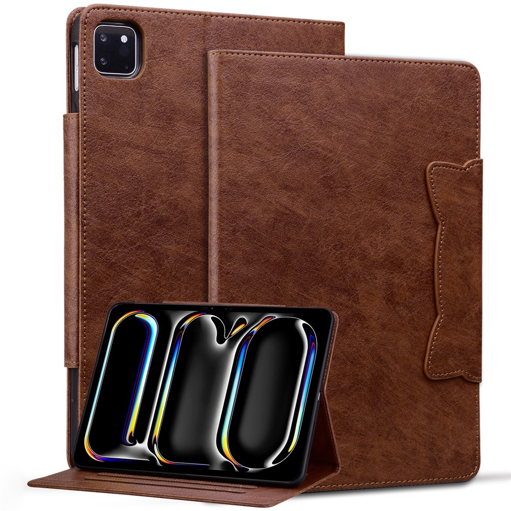 For iPad Pro 11 (2025) / 11 (2024) Case PU Leather Folio Stand Tablet Cover Cat-Shaped Magnetic Clasp - Brown