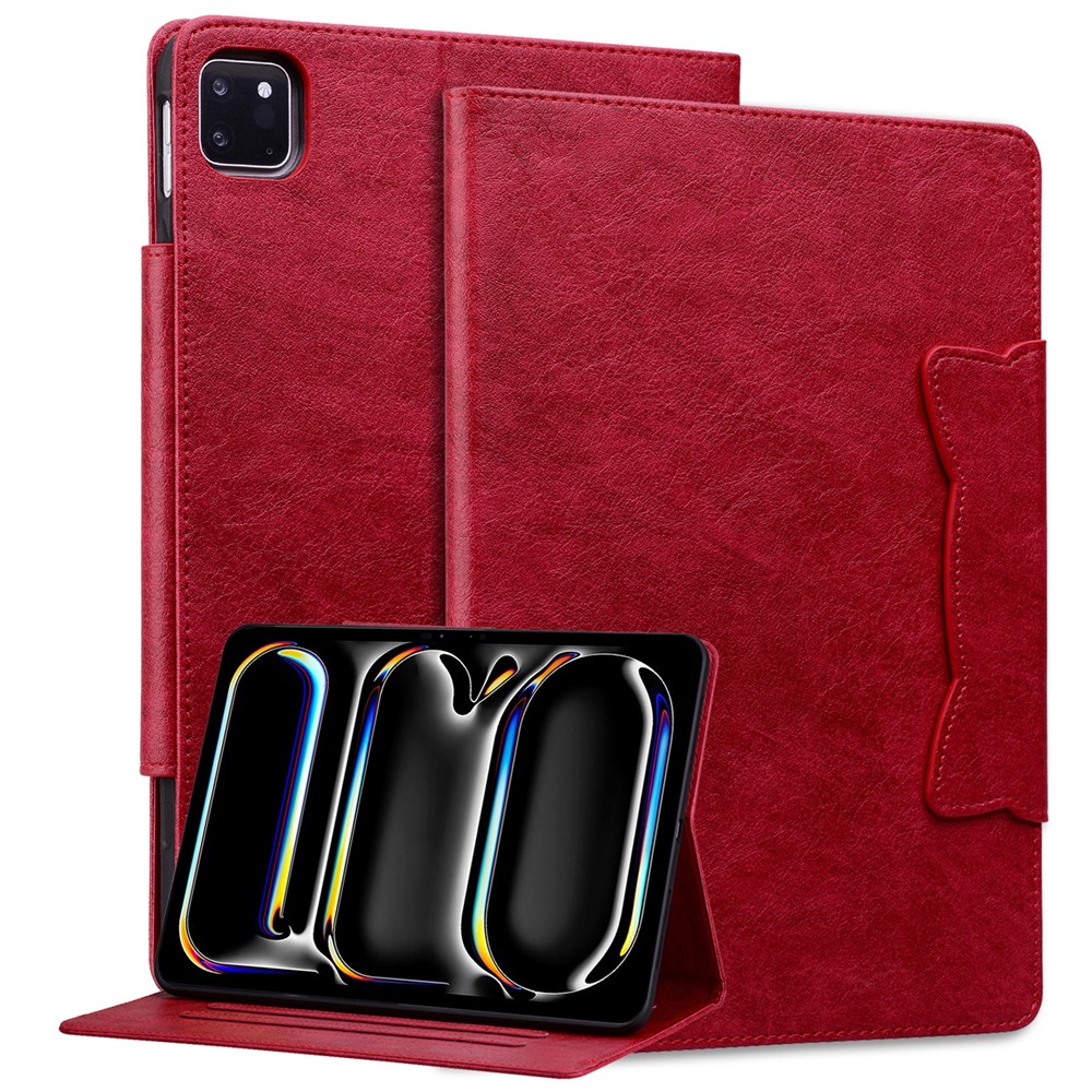 For iPad Pro 11 (2025) / 11 (2024) Case PU Leather Folio Stand Tablet Cover Cat-shaped Magnetic Clasp - Red