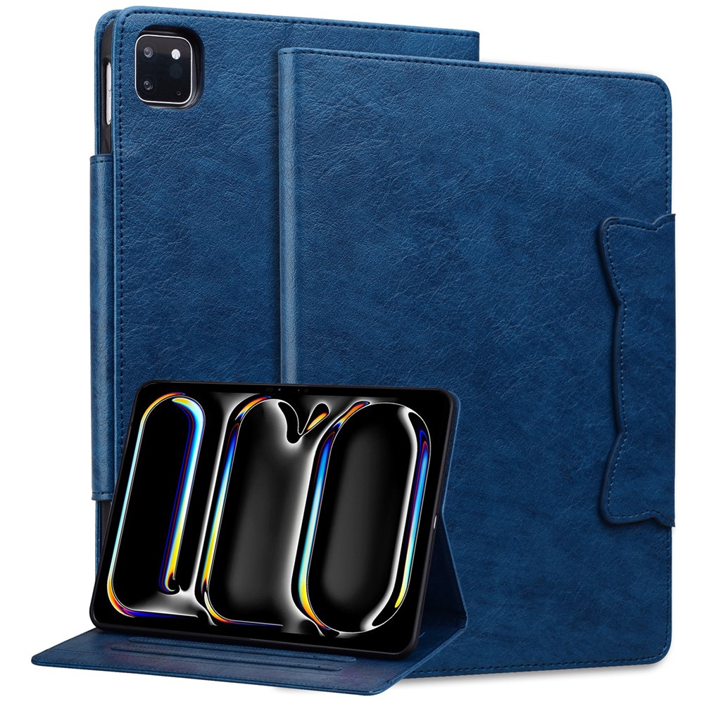 For iPad Pro 11 (2025) / 11 (2024) Case PU Leather Folio Stand Tablet Cover Cat-shaped Magnetic Clasp - Blue