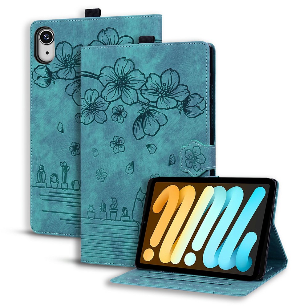 For iPad mini (2024)  /  mini (2021) Case Flip Stand Leather Phone Cover Cherry Blossom Cat Imprinted - Green