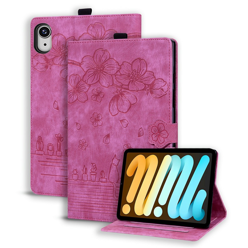 For iPad mini (2024)  /  mini (2021) Case Flip Stand Leather Phone Cover Cherry Blossom Cat Imprinted - Rose