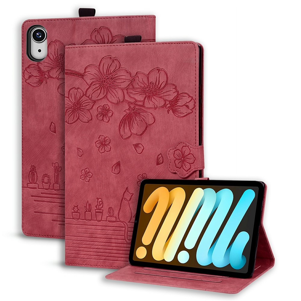 For iPad mini (2024)  /  mini (2021) Case Flip Stand Leather Phone Cover Cherry Blossom Cat Imprinted - Red