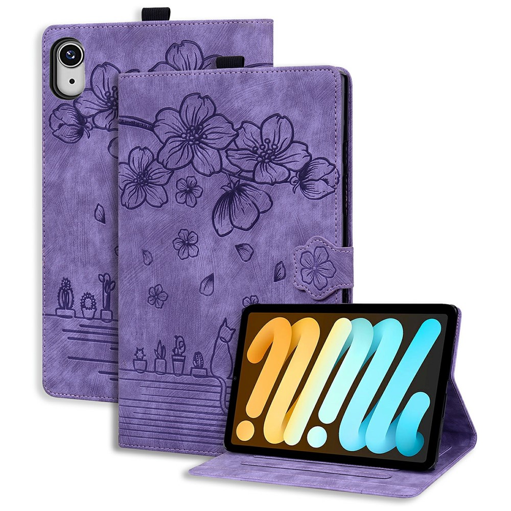 For iPad mini (2024)  /  mini (2021) Case Flip Stand Leather Phone Cover Cherry Blossom Cat Imprinted - Purple