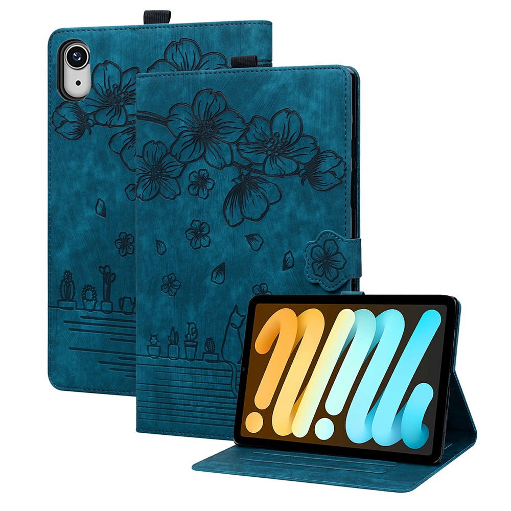 For iPad mini (2024)  /  mini (2021) Case Flip Stand Leather Phone Cover Cherry Blossom Cat Imprinted - Blue