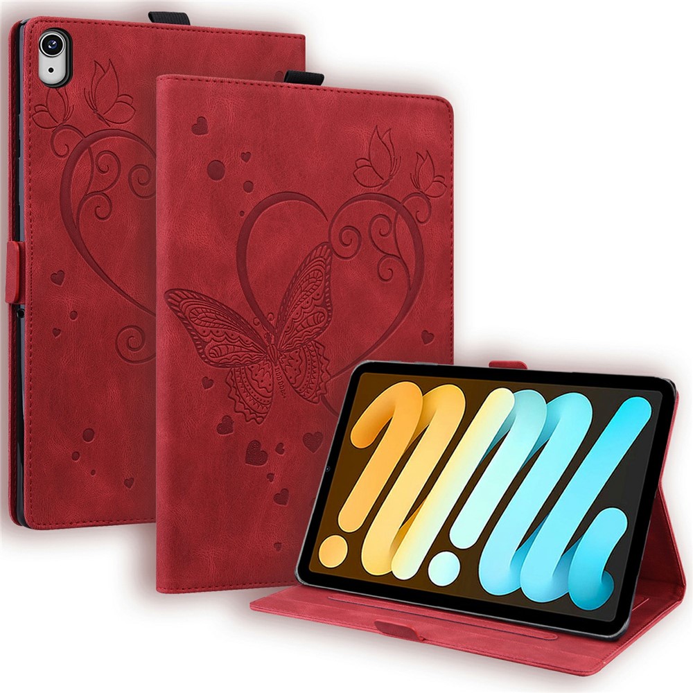 For iPad mini (2024)  /  mini (2021) Leather Case Imprinted Butterfly Tablet Cover Stand Card Slot - Red