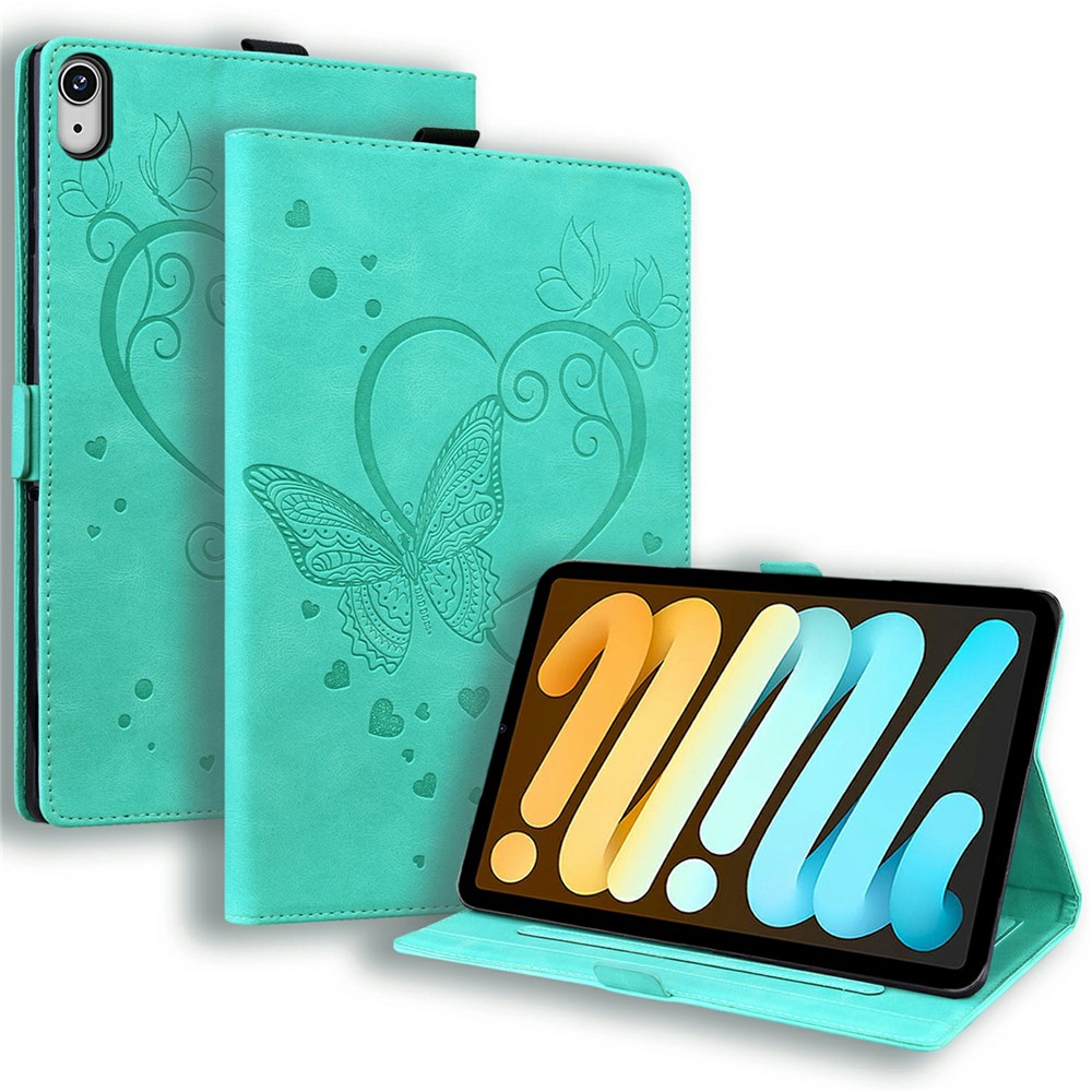 For iPad mini (2024)  /  mini (2021) Leather Case Imprinted Butterfly Tablet Cover Stand Card Slot - Green