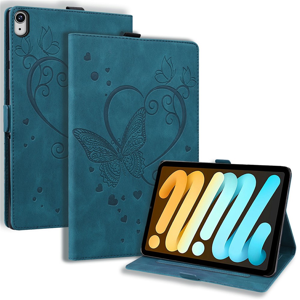 For iPad mini (2024)  /  mini (2021) Leather Case Imprinted Butterfly Tablet Cover Stand Card Slot - Blue