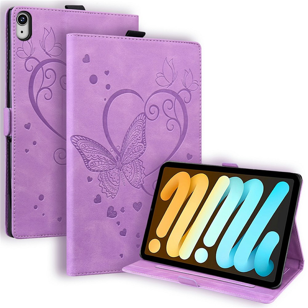 For iPad mini (2024)  /  mini (2021) Leather Case Imprinted Butterfly Tablet Cover Stand Card Slot - Purple