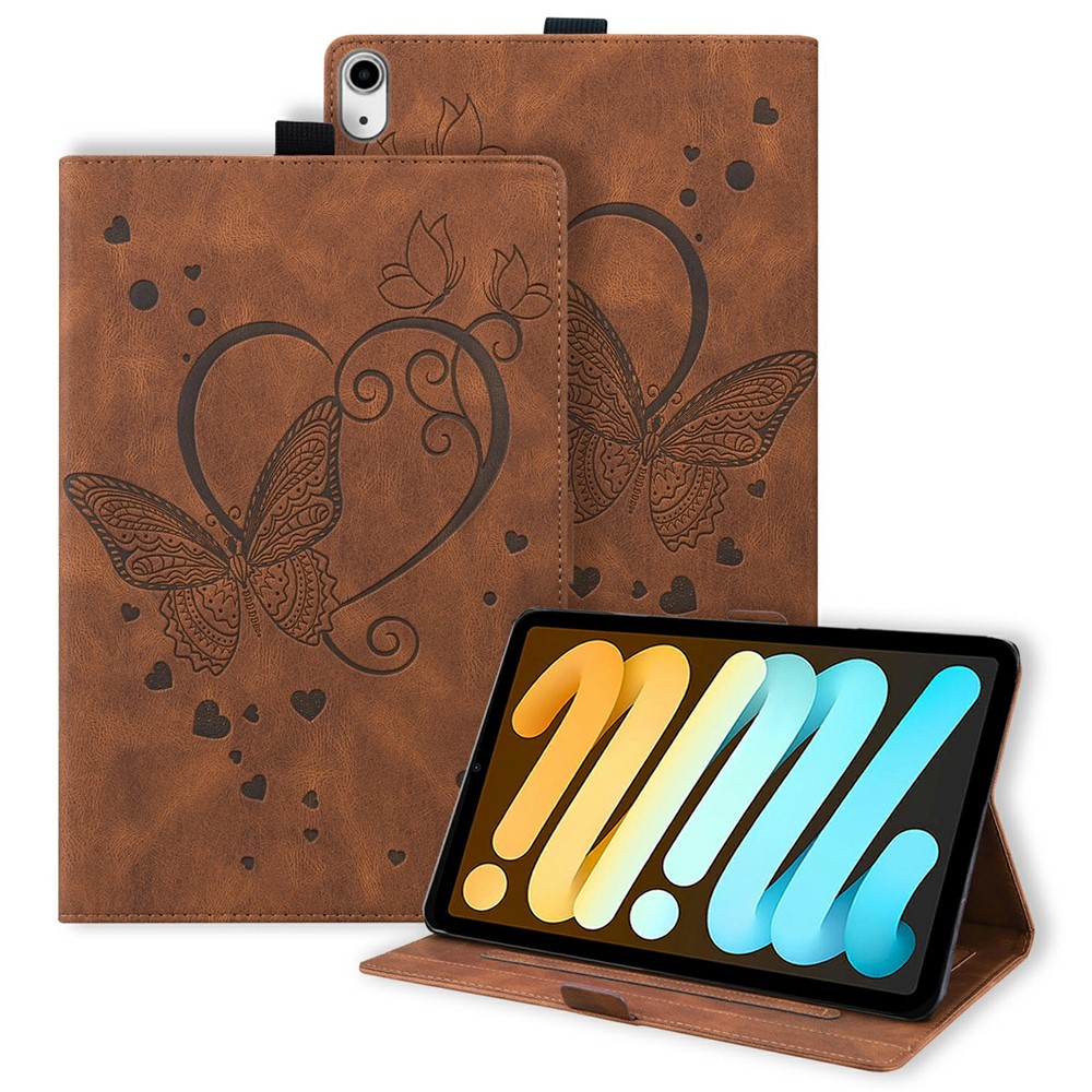 For iPad mini (2024)  /  mini (2021) Leather Case Imprinted Butterfly Tablet Cover Stand Card Slot - Brown