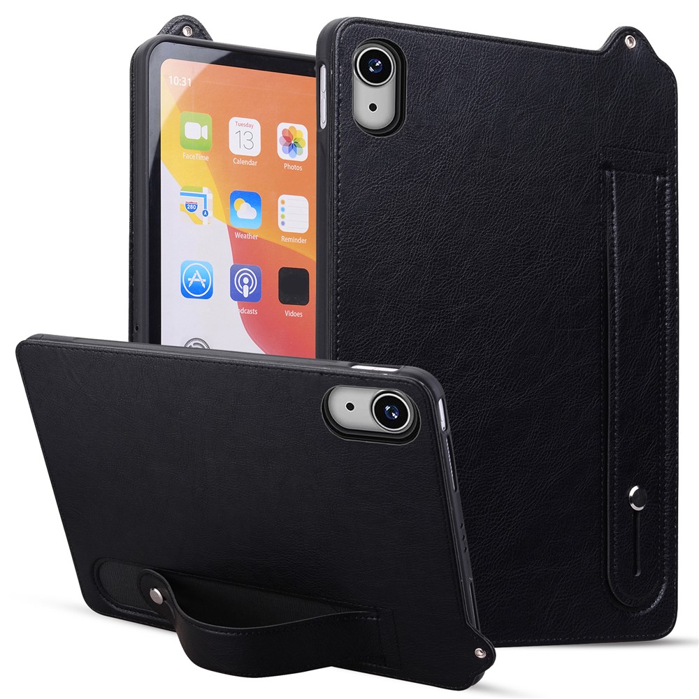 For iPad (2025) / 10.9 (2022) Case Hand Strap Kickstand Leather Tablet Cover - Black