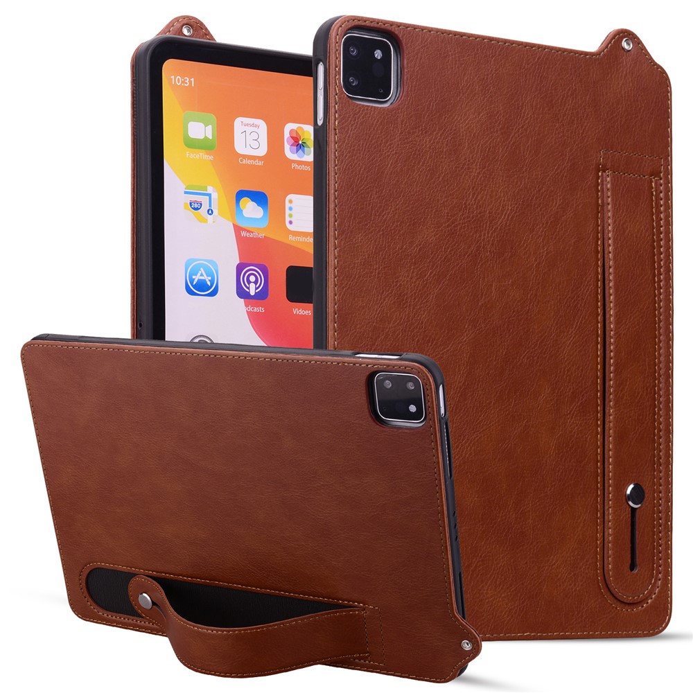 For iPad Pro 13 (2025) / 13 (2024) Case Hand Strap Kickstand Leather Tablet Cover - Brown