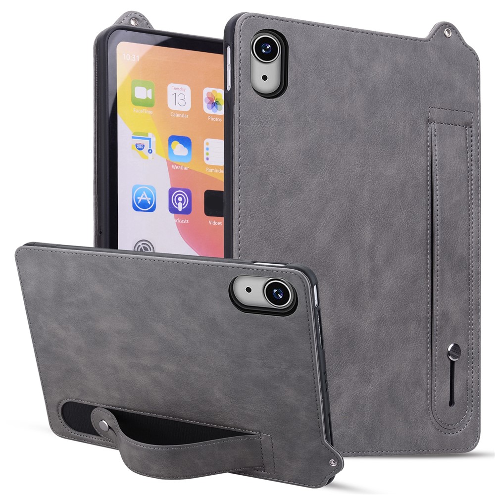 For iPad mini (2024) (A2996 A2995) / mini (2021) (A2568) Case Hand Strap Kickstand Leather Tablet Cover - Grey