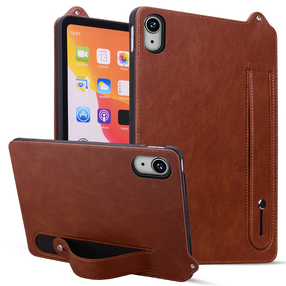 For iPad mini (2024) (A2996 A2995) / mini (2021) (A2568) Case Hand Strap Kickstand Leather Tablet Cover - Brown
