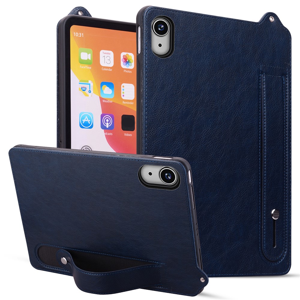 For iPad mini (2024) (A2996 A2995) / mini (2021) (A2568) Case Hand Strap Kickstand Leather Tablet Cover - Blue