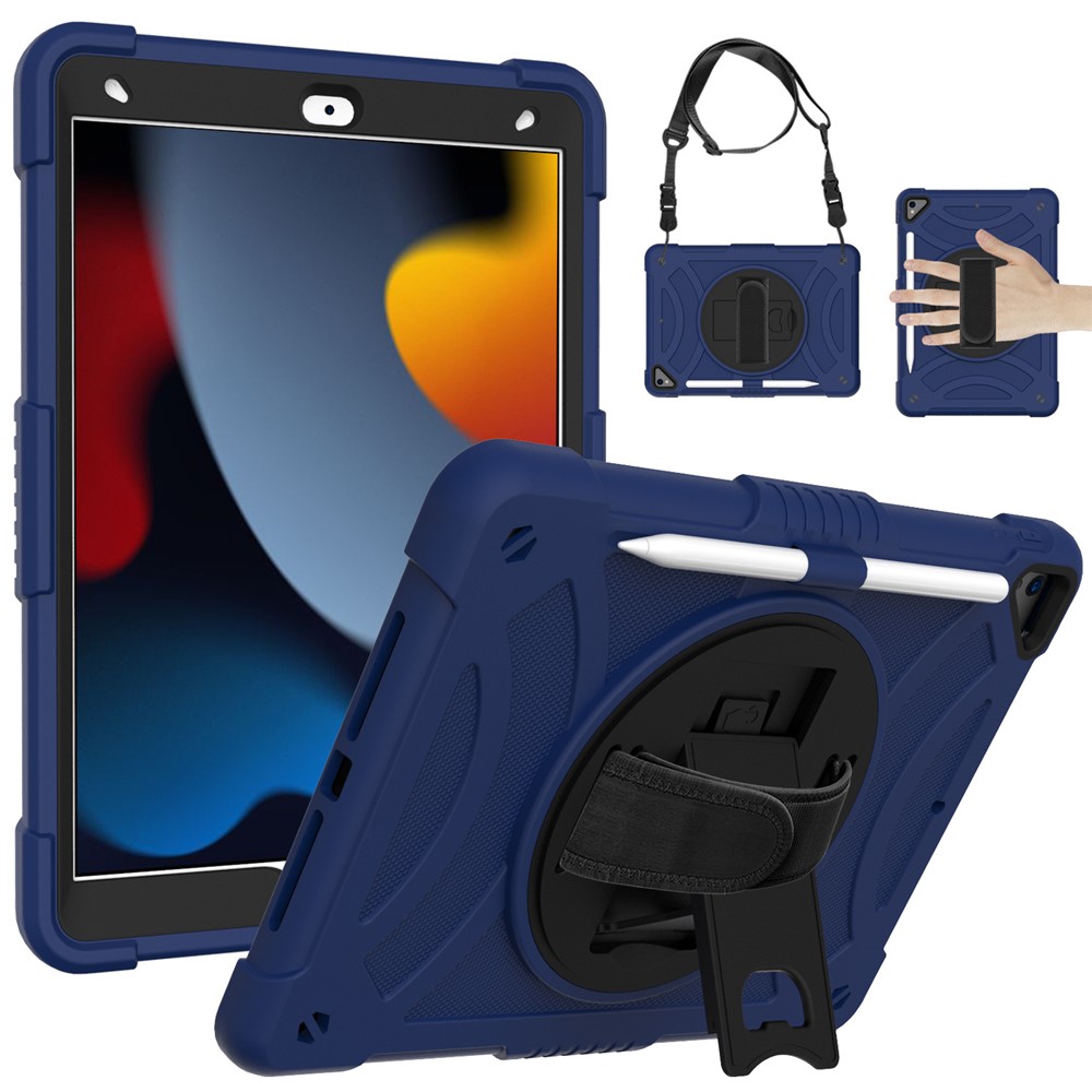 For iPad 10.2 (2021) / (2019) / (2020) / Air 10.5 inch (2019) Shockproof Case Anti-Scratch Rotating Kickstand Case with Shoulder Strap Portable Silicone+PC Tablet Case - Navy Blue