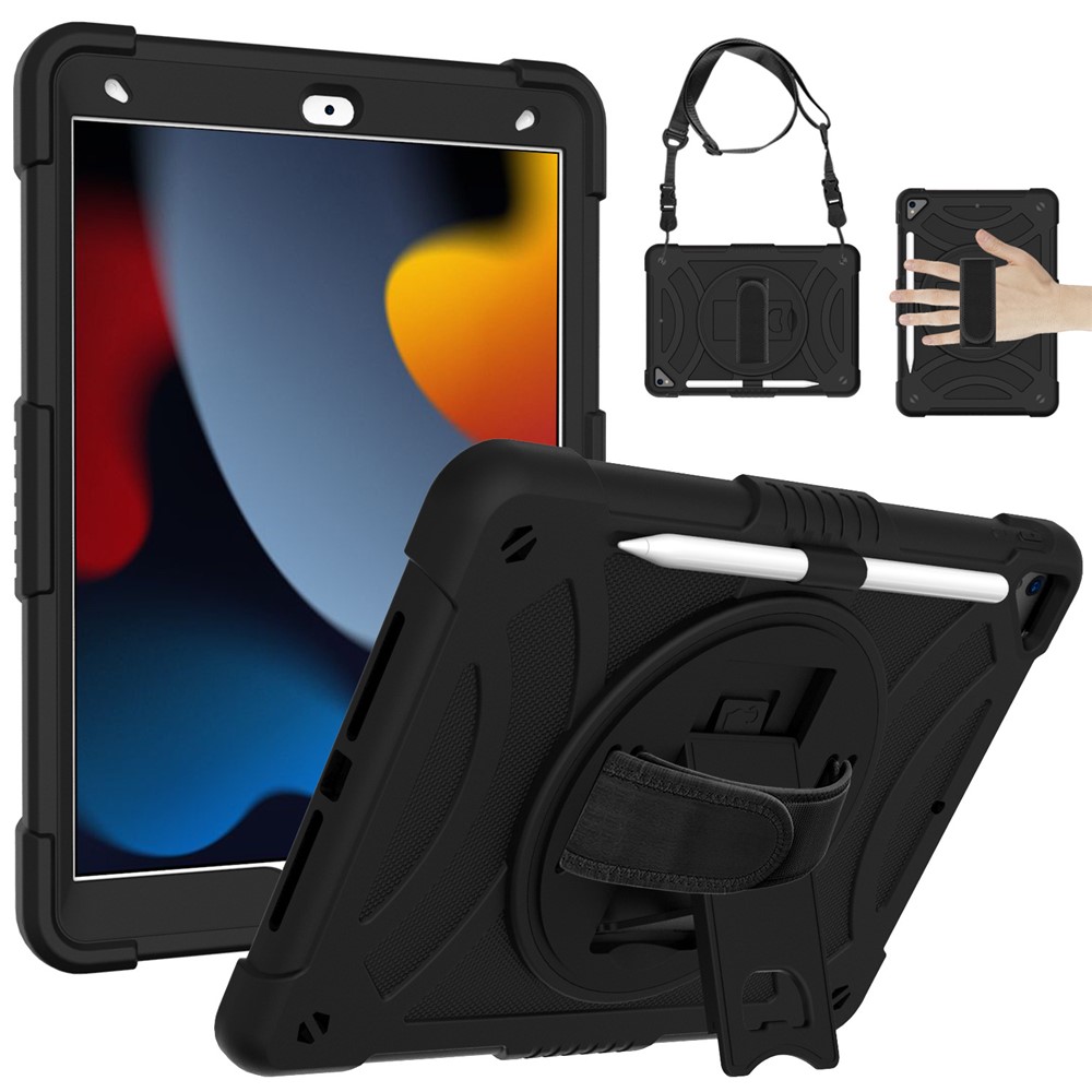 For iPad 10.2 (2021) / (2019) / (2020) / Air 10.5 inch (2019)Shockproof Case Anti-Scratch Rotating Kickstand Case with Shoulder Strap Portable Silicone+PC Tablet Case - Black