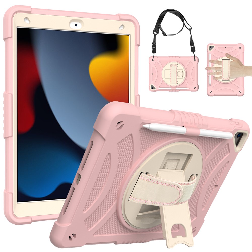 For iPad 10.2 (2021) / (2019) / (2020) / Air 10.5 inch (2019) Shockproof Case Anti-Scratch Rotating Kickstand Case with Shoulder Strap Portable Silicone+PC Tablet Case - Pink