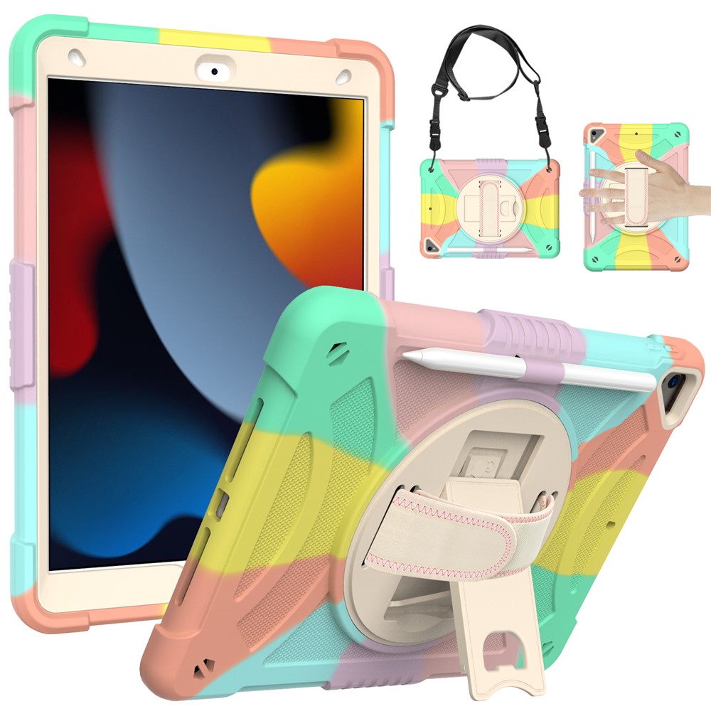 For iPad 10.2 (2021)  /  (2019)  /  (2020)  /  Air 10.5 inch (2019) Shockproof Case Rotating Kickstand Silicone+PC Tablet Cover with Shoulder Strap - Multi-color