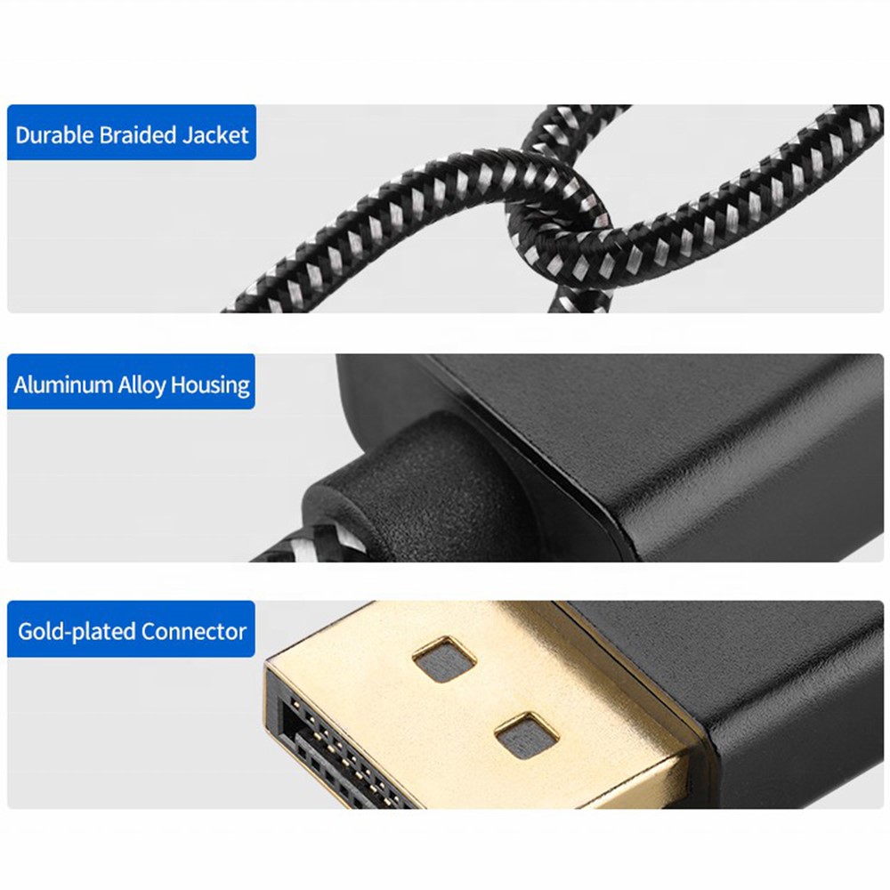 2m DP 1.2 Version DP Male to Male Cable Gold-Plated Braided Cord with Metal Shell Support 4K@60Hz 2K@144Hz - Silver Black-5
