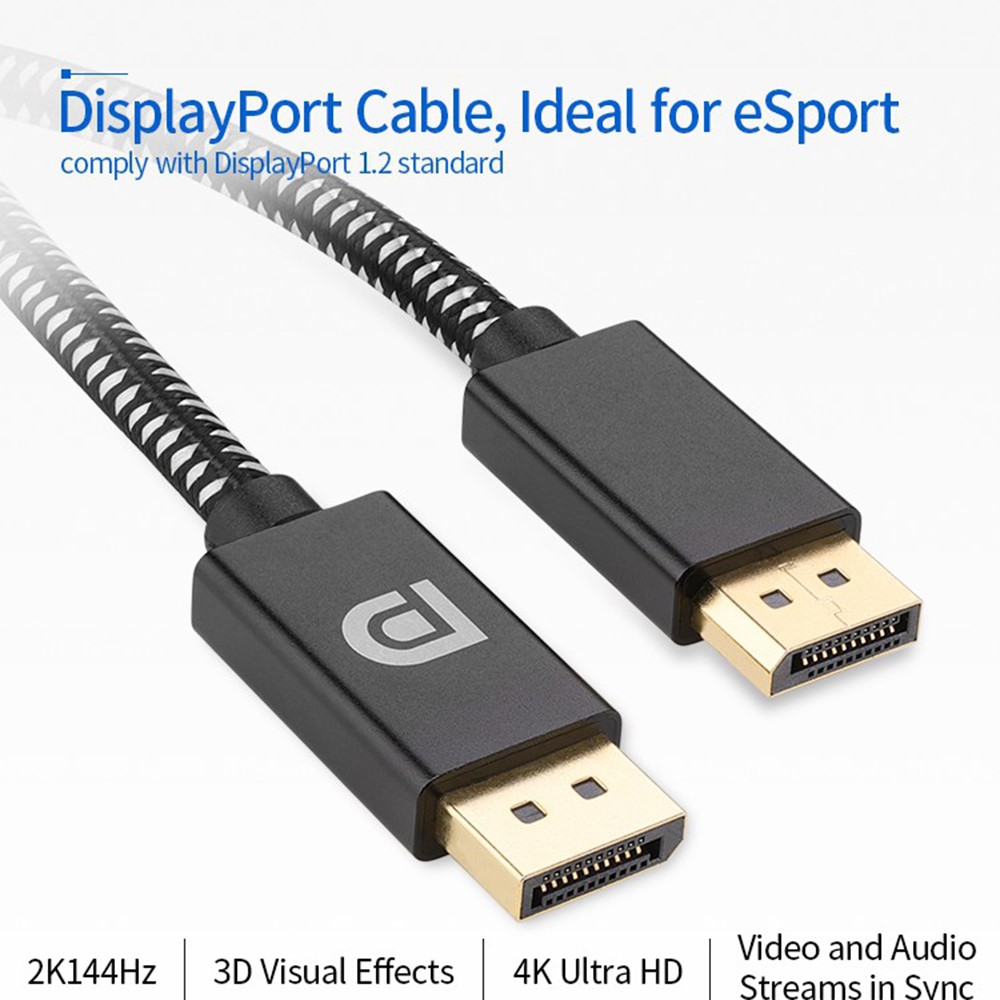 2m DP 1.2 Version DP Male to Male Cable Gold-Plated Braided Cord with Metal Shell Support 4K@60Hz 2K@144Hz - Silver Black-2