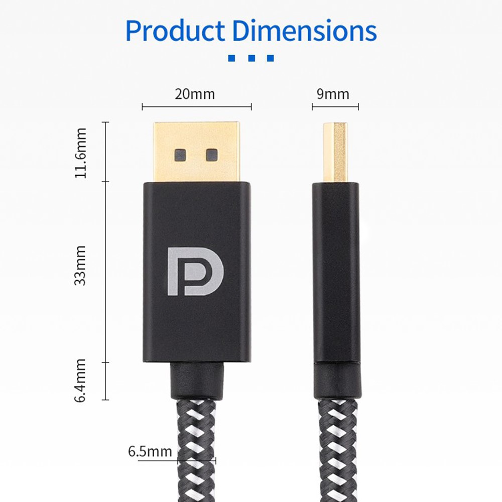 2m DP 1.2 Version DP Male to Male Cable Gold-Plated Braided Cord with Metal Shell Support 4K@60Hz 2K@144Hz - Silver Black-12