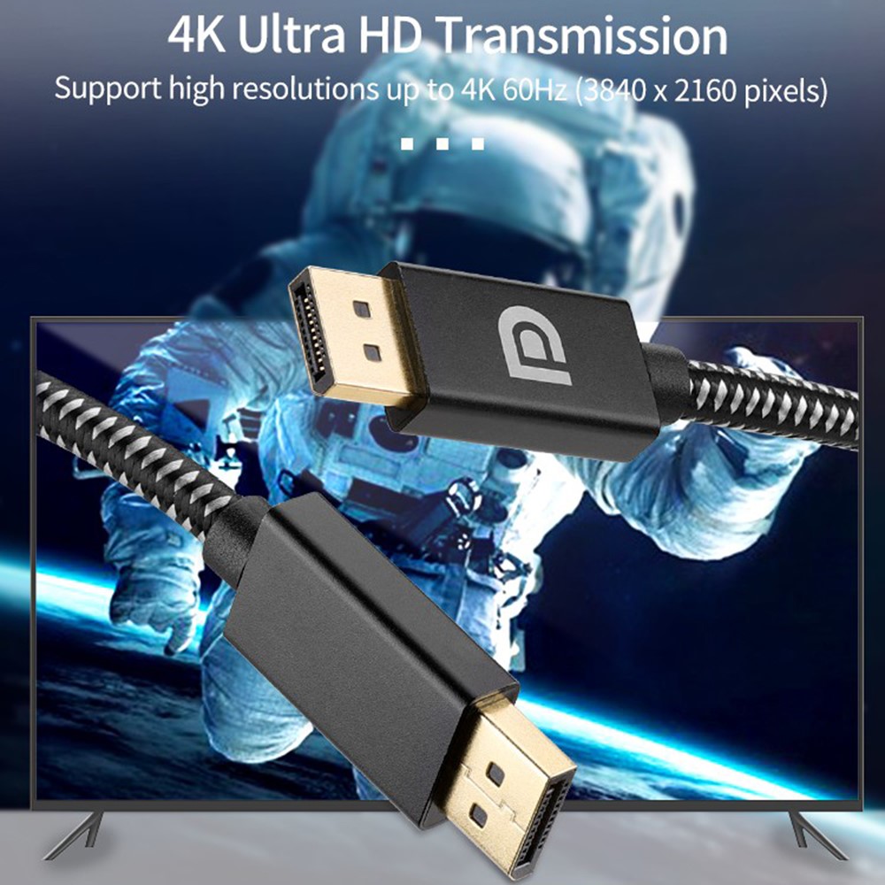 2m DP 1.2 Version DP Male to Male Cable Gold-Plated Braided Cord with Metal Shell Support 4K@60Hz 2K@144Hz - Silver Black-4