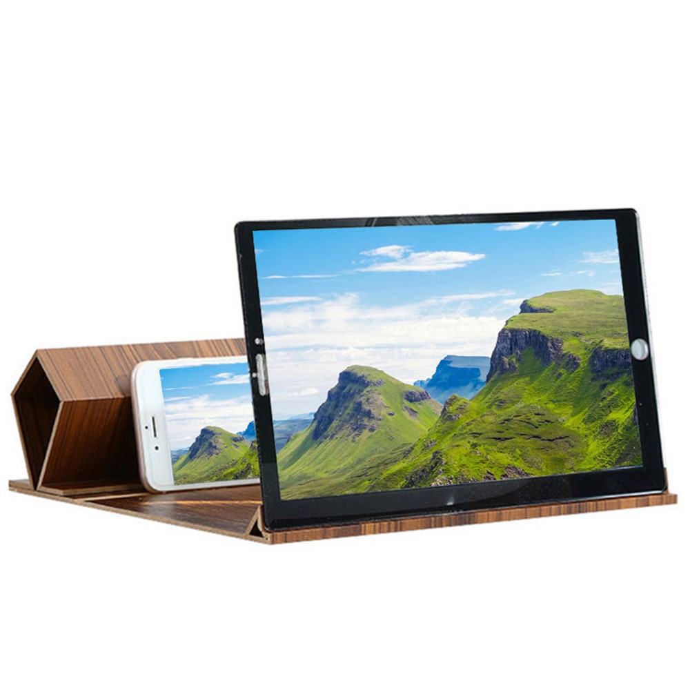 12 inch Mobile Phone Video Screen Magnifier Amplifying Glass Desktop HD Wood Bracket Holder Mount - Coffee-1