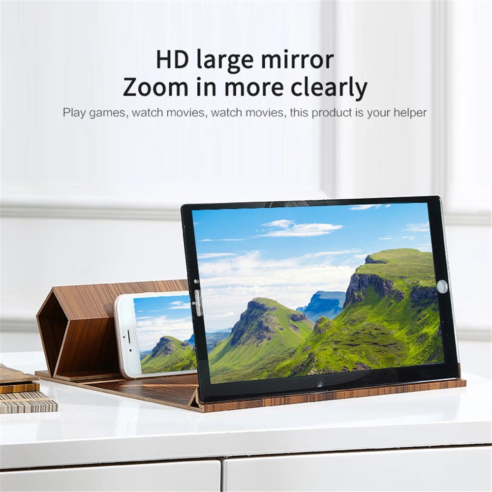 12 inch Mobile Phone Video Screen Magnifier Amplifying Glass Desktop HD Wood Bracket Holder Mount - Coffee-2