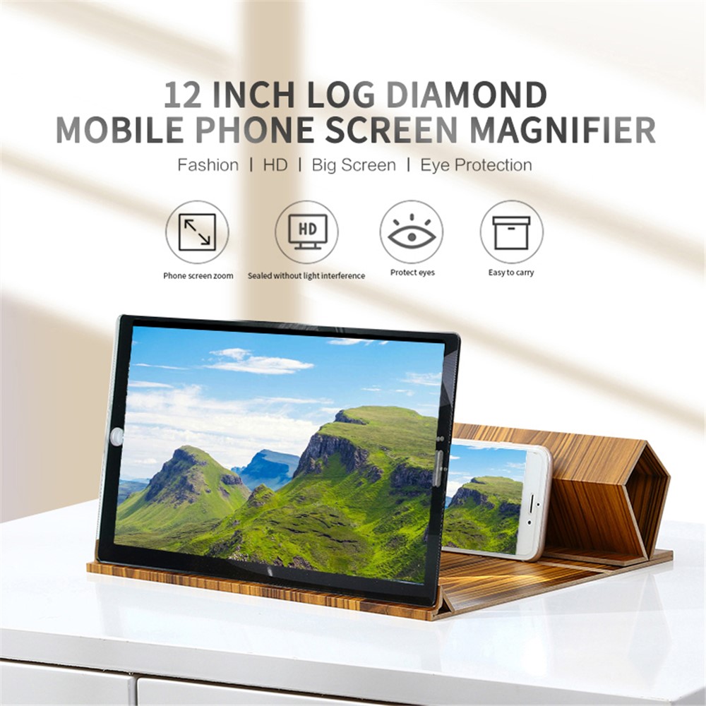 12 inch Mobile Phone Video Screen Magnifier Amplifying Glass Desktop HD Wood Bracket Holder Mount - Coffee-3