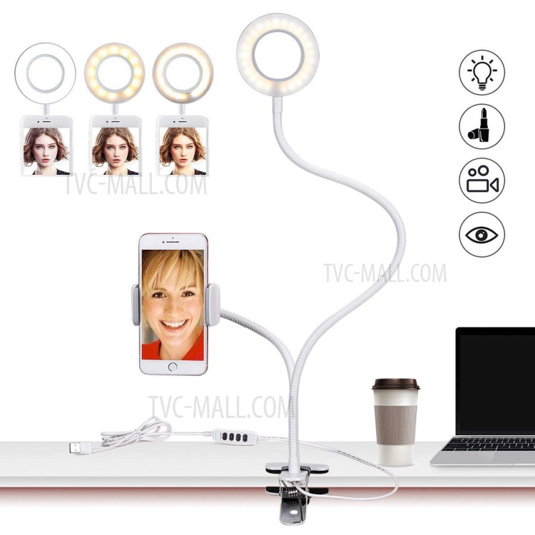 BX-01 Clip Style 12W Selfie LED Ring Light with Flexible Arms and Phone Clamp - White-1