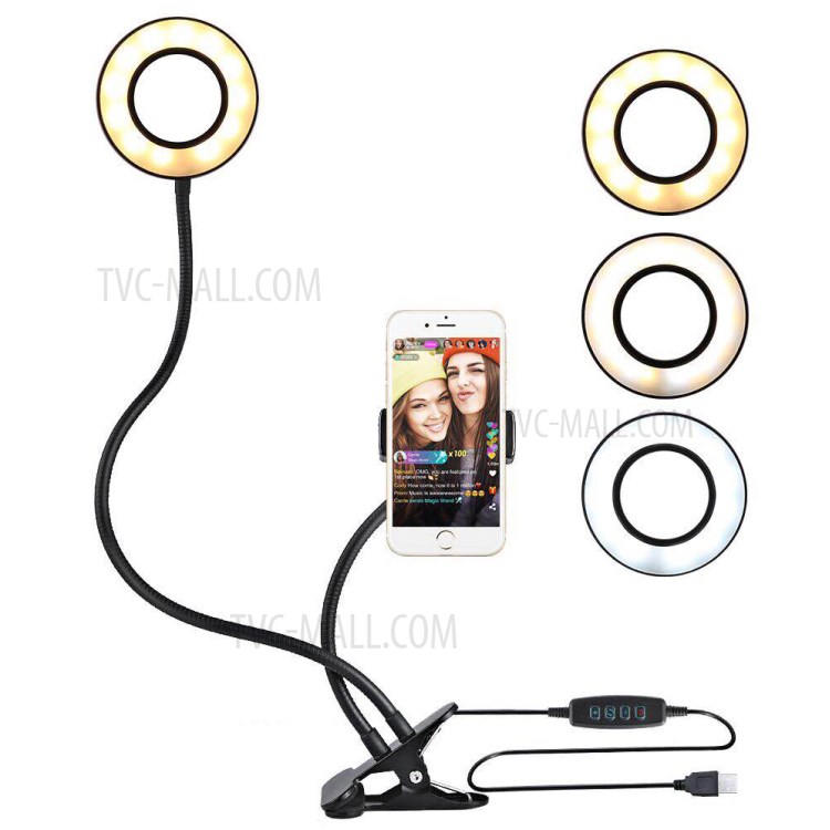 BX-01 Clip Style 12W Selfie LED Ring Light with Flexible Arms and Phone Clamp - White-2