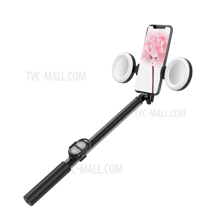 R13 2-in-1 Extendable Bluetooth Selfie Stick Tripod Stand with Double Ring Light Makeup Mirror - Black