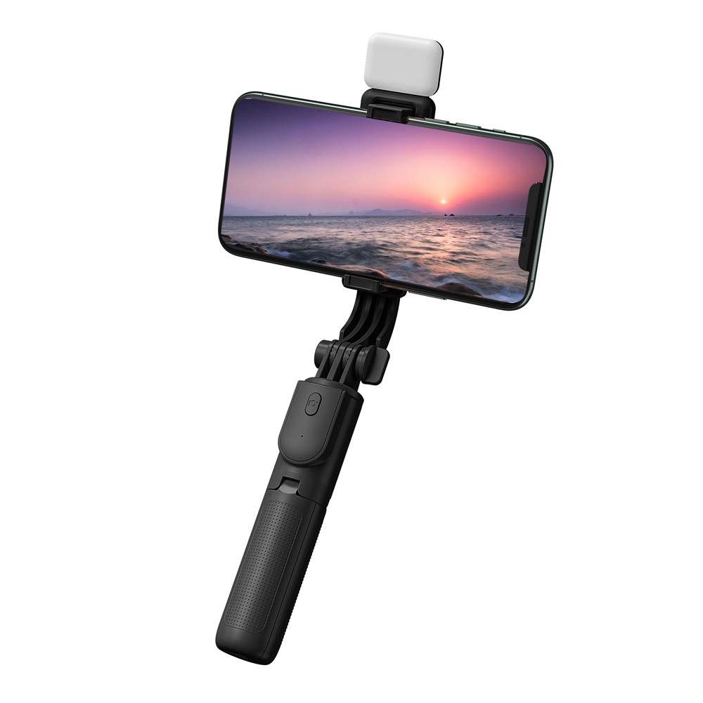 H8s Wireless Bluetooth Selfie Stick Mini Tripod Monopod Telescópico Com Controle Remoto de Luz de Enchimento Para Smartphone - Preto