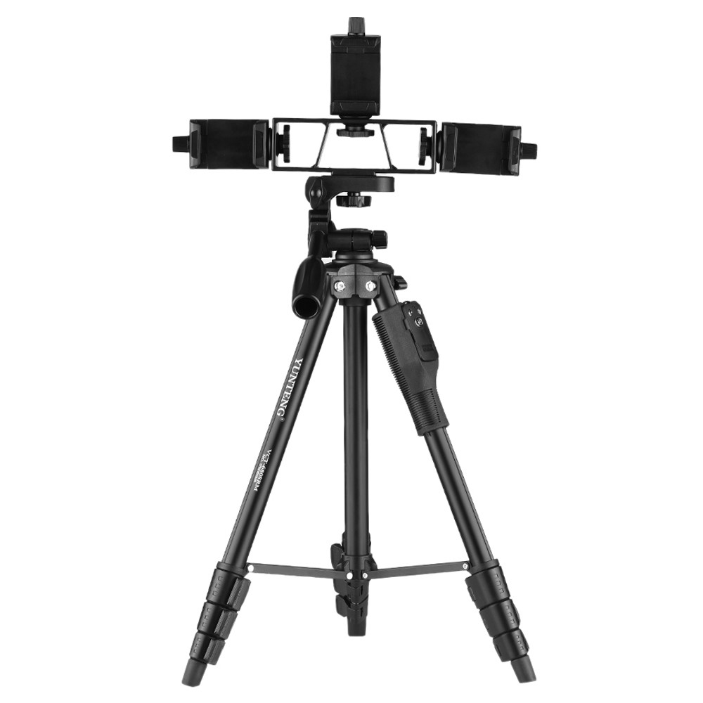 YUNTENG VCT-6808 Multifunctional Mobile Phone Tripod Stand 4 Sections Adjustable Tripod with 3 Mobile Phone Holders/Ball Gimbal/Remote Control-2