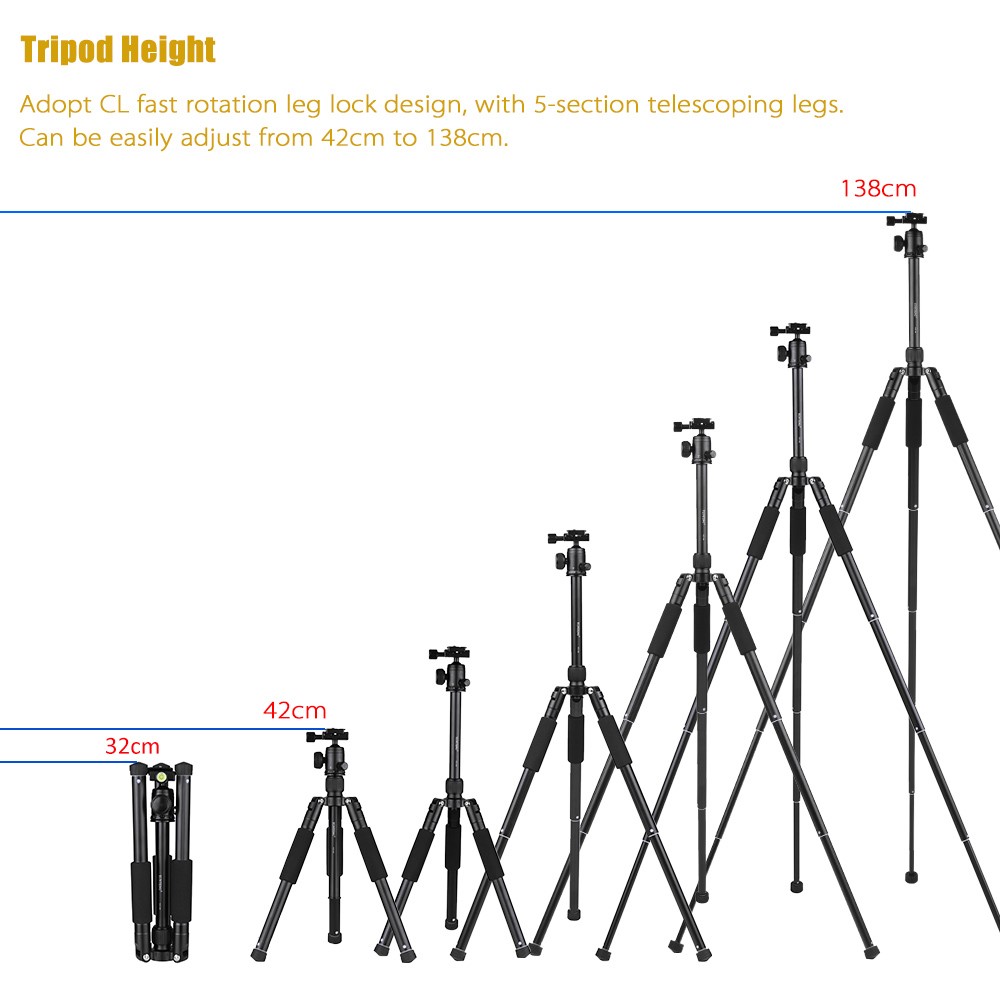 YUNTENG VCT-190 Professional Camera Tripod Stand Portable Monopod with Ball Head 5-Section Adjustable Camera Tripod for SLR ILDC Camcorder DV-6