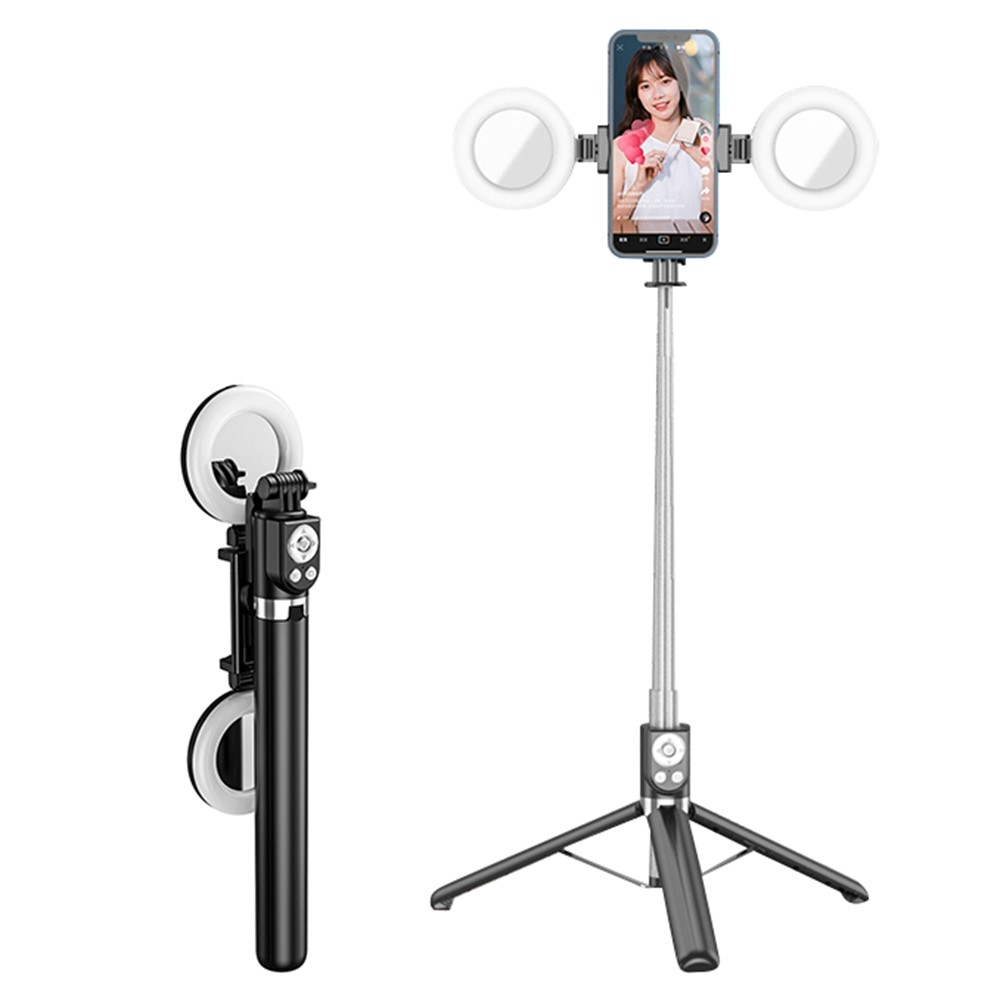 R13DS 1.3m Extendable Selfie Stick Wireless Bluetooth Remote Control Portable Tripod Stand with Fill Light and Mirror - Black-1