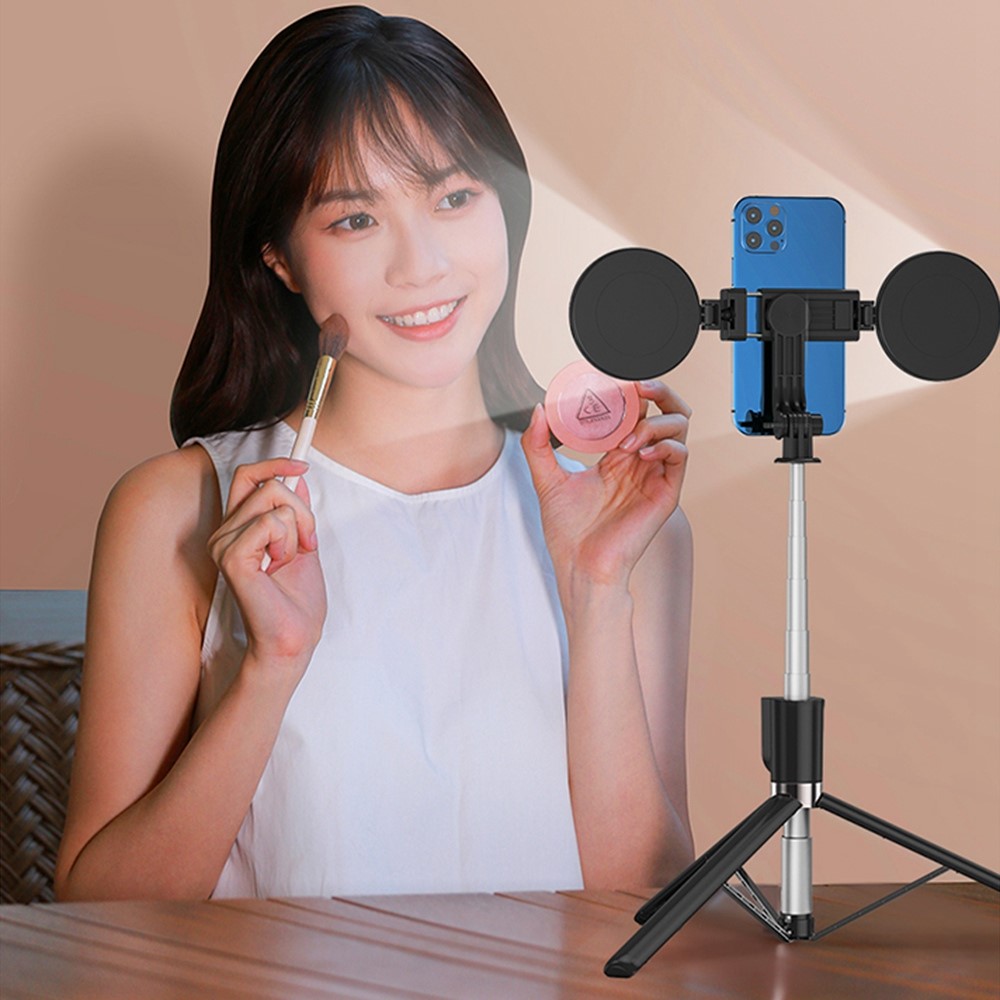 R13DS 1.3m Estendibile Selfie Stick Wireless Bluetooth Telecomando Stativo Portatile Per Treppiede Con Luce Di Riempimento E Specchio - Nero-5