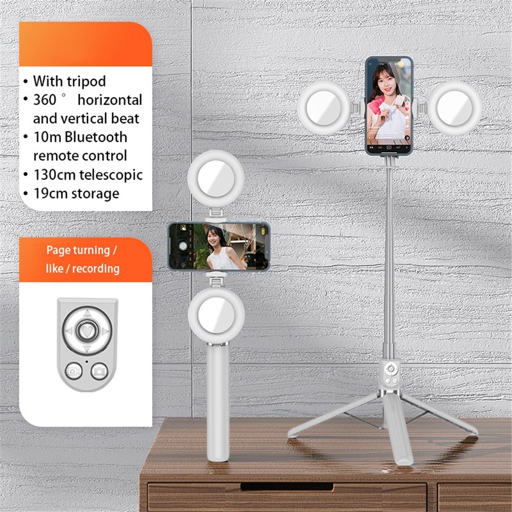 R13DS 1.3m Extendeável Selfie Stick Stick Sem Fio Bluetooth Remote Remote Control Tripé Portátil Stand Com Luz de Preenchimento e Espelho - Branco