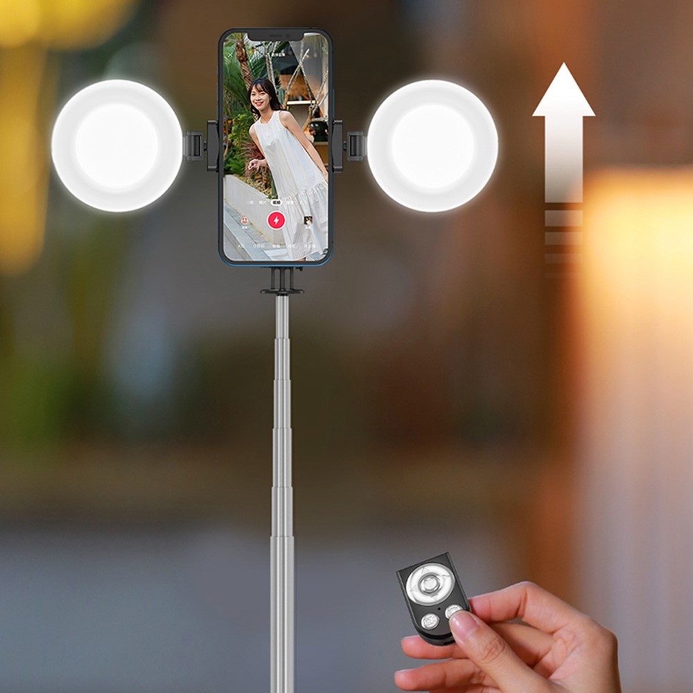 R13DS 1.3m Stick à Selfie Extensible Stick Sans Fil Bluetooth Remote Commande Trépied Portable Stand Avec Lumière et Miroir de Remplissage - Blanche