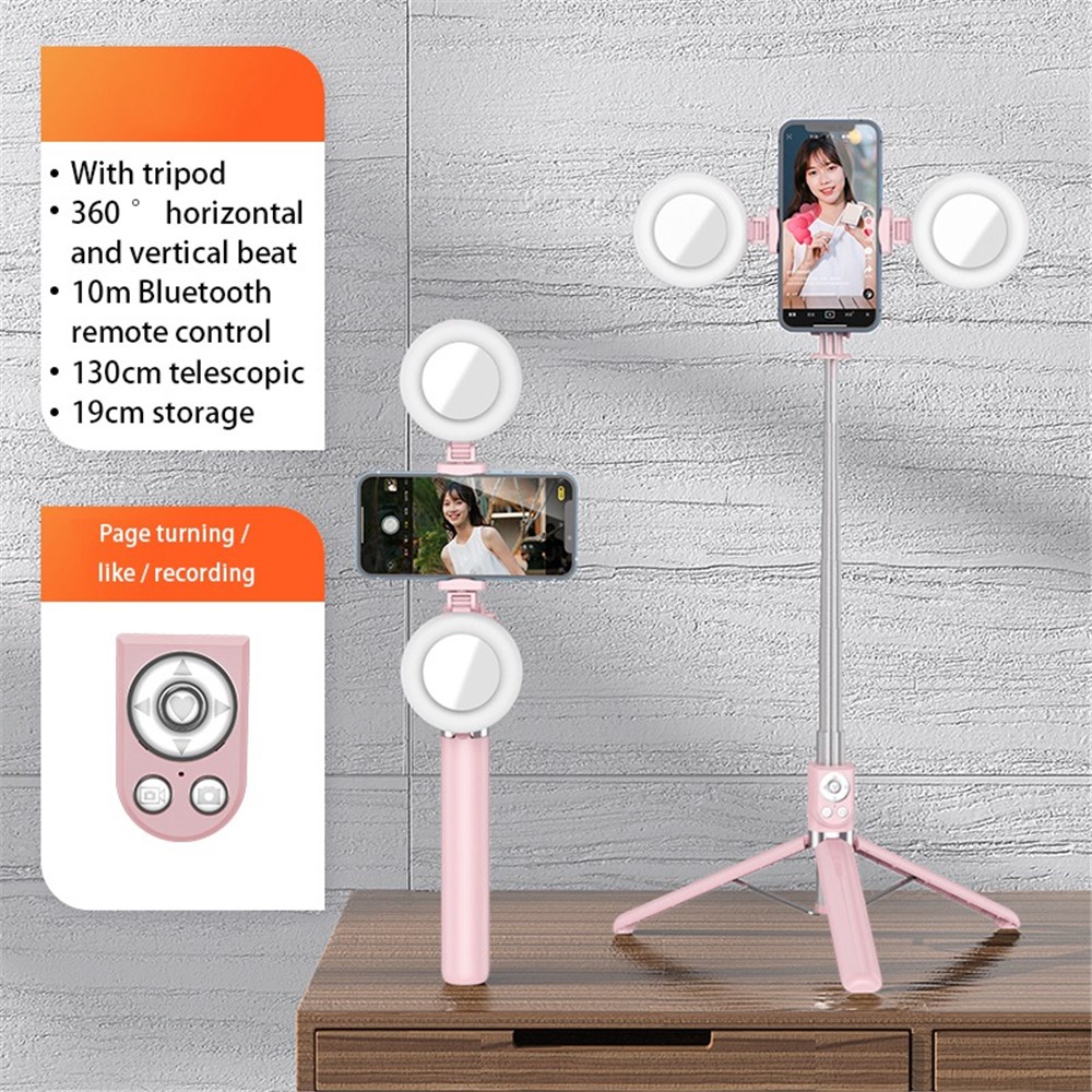 R13DS 1.3m Extendable Selfie Stick Wireless Bluetooth Remote Control Portable Tripod Stand with Fill Light and Mirror - Pink-2