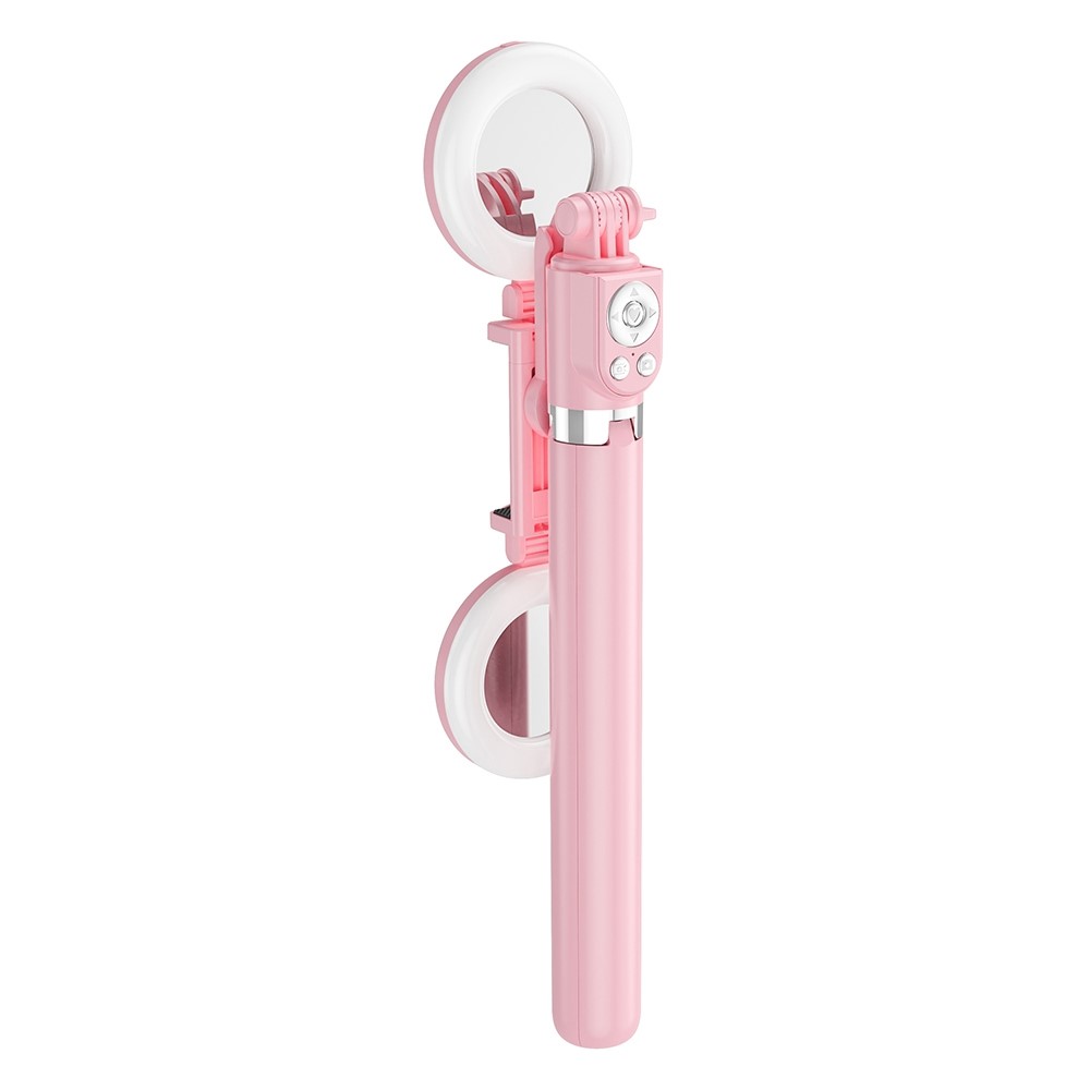 R13DS 1.3m Extendable Selfie Stick Wireless Bluetooth Remote Control Portable Tripod Stand with Fill Light and Mirror - Pink-3