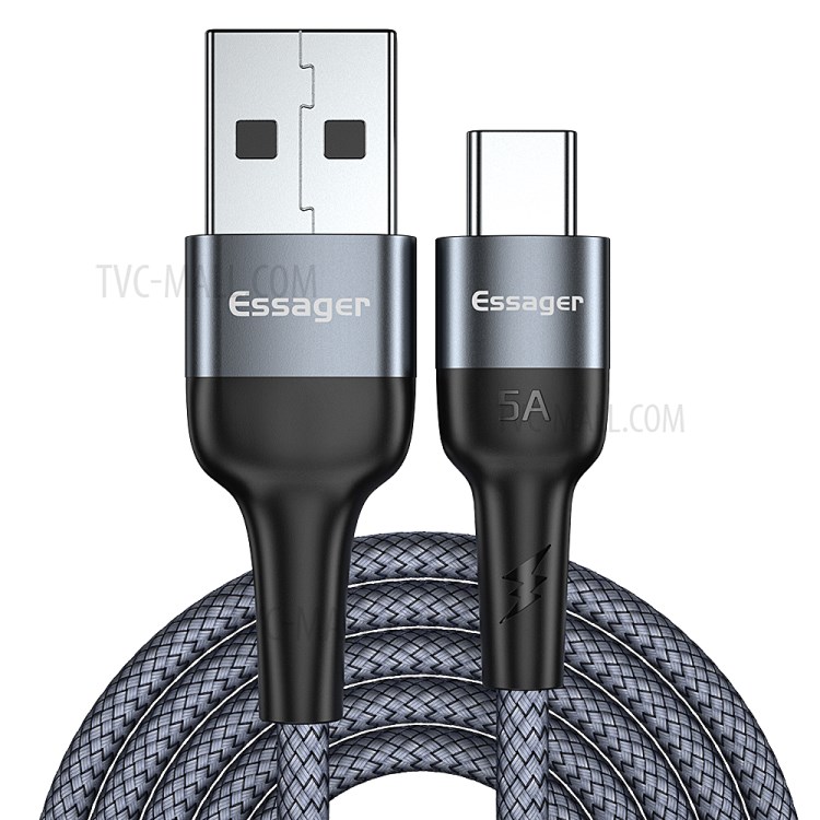 ESSAGER 1M Nylon Braided Type-C USB Data Sync Fast Charger Cable for Samsung Huawei Xiaomi - Grey