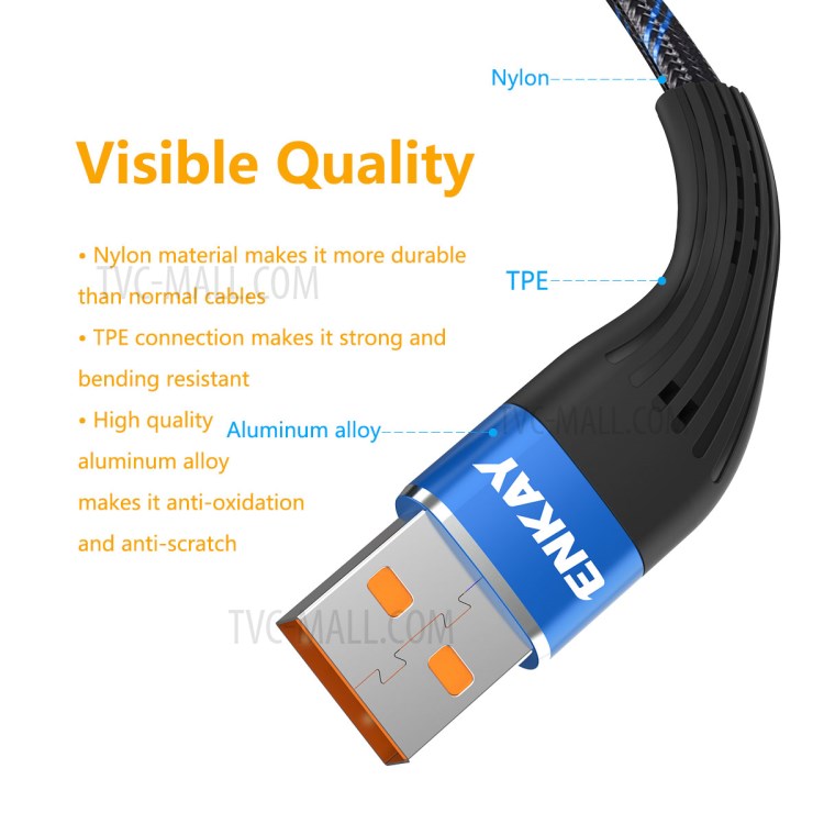 ENKAY ENK-CB101 Two-tone USB 2.0 to Type-C Charge Data Sync Nylon Cable 1m 2.4A - Blue-3