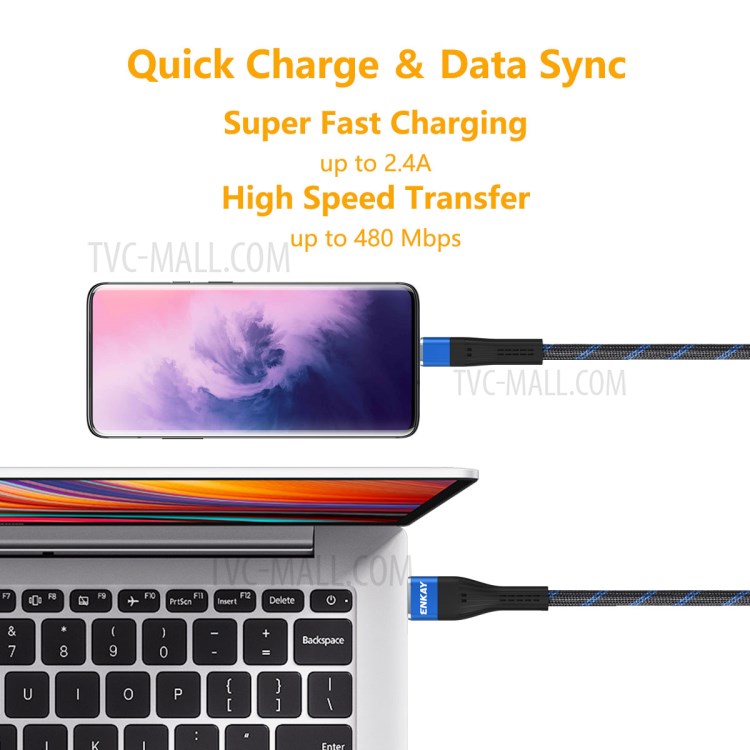 ENKAY ENK-CB101 Two-tone USB 2.0 to Type-C Charge Data Sync Nylon Cable 1m 2.4A - Blue-6