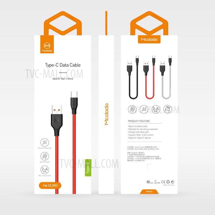 MCDODO Воин Серии Нейлон Плетеный Типа C Sync Данным По USB-кабель Для Зарядки, 1M - Красный-6