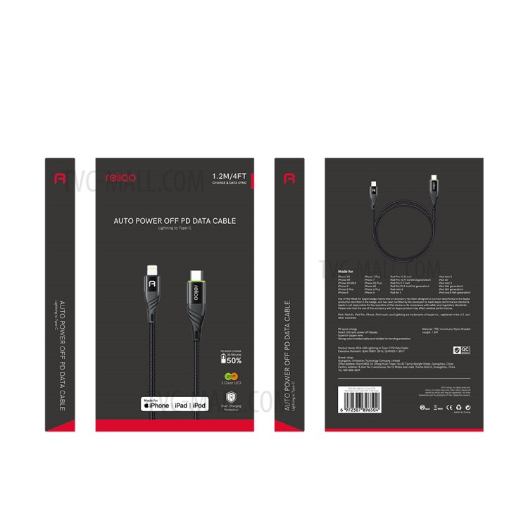 RELIQO 1.2M USB-C Mâle À Câble De Charge Foudre Certifié Mfi 8pin PD Mâle Déconnexion Automatique Intelligent Pour IPod IPhone IPad-17