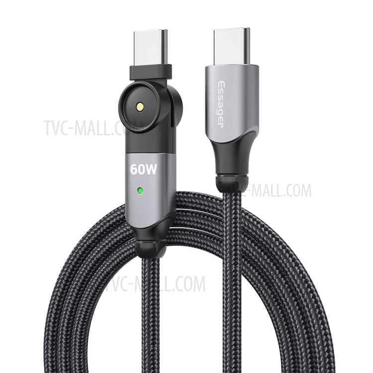 ESSAGER 180° Rotating Plug Type-C to Type-C 60W Data Charging Cord, 2m - Grey-1