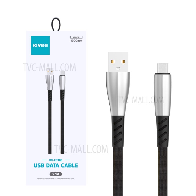 KIVEE 1M Flat Noodle Type-C USB Data Sync Charging Cable for Samsung Huawei Xiaomi - Black-2